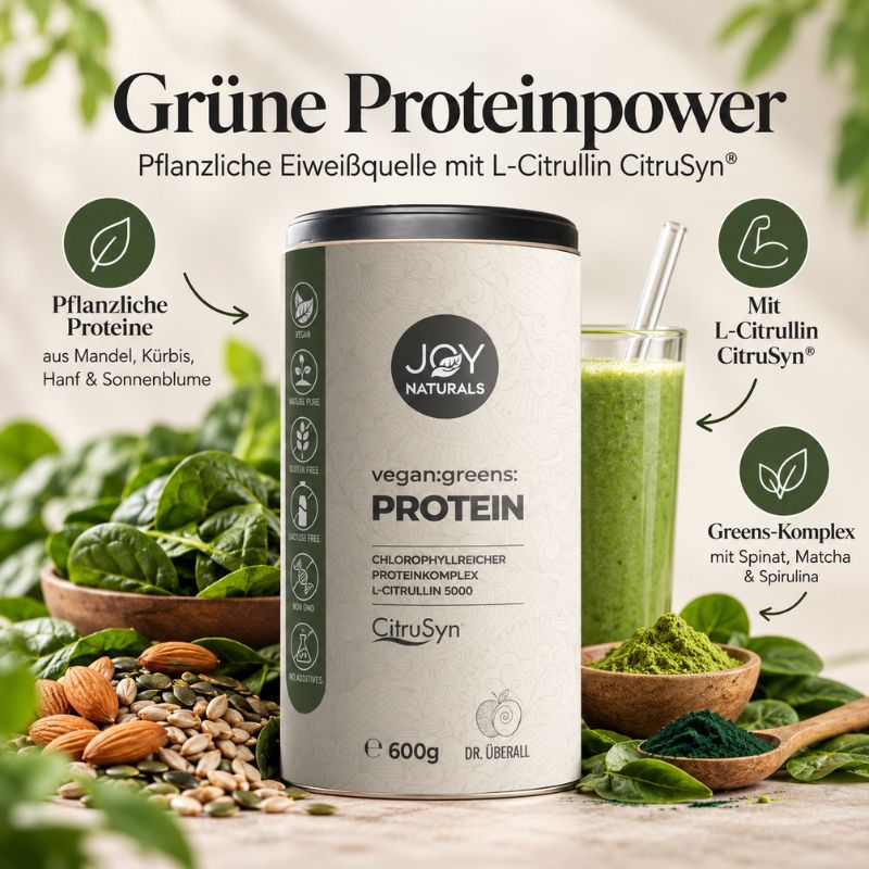 JOY NATURALS Vegan Greens Protein mit pflanzlichem Eiweiß, L-Citrullin CitruSyn, Spinat, Matcha und Spirulina