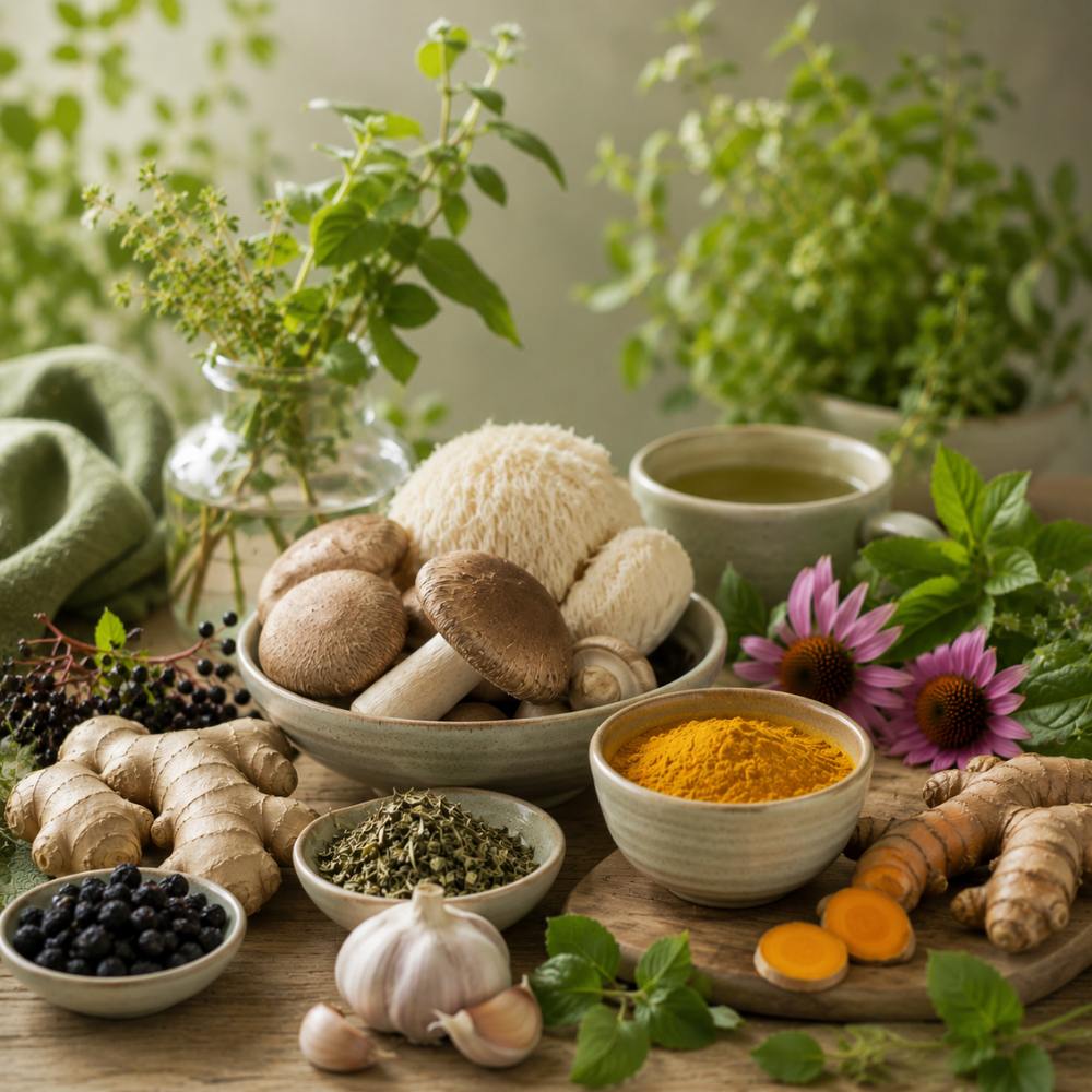 Vitalpilze, Kurkuma, Ingwer und Kräuter als natürliche Unterstützung für Immunsystem und Abwehrkräfte