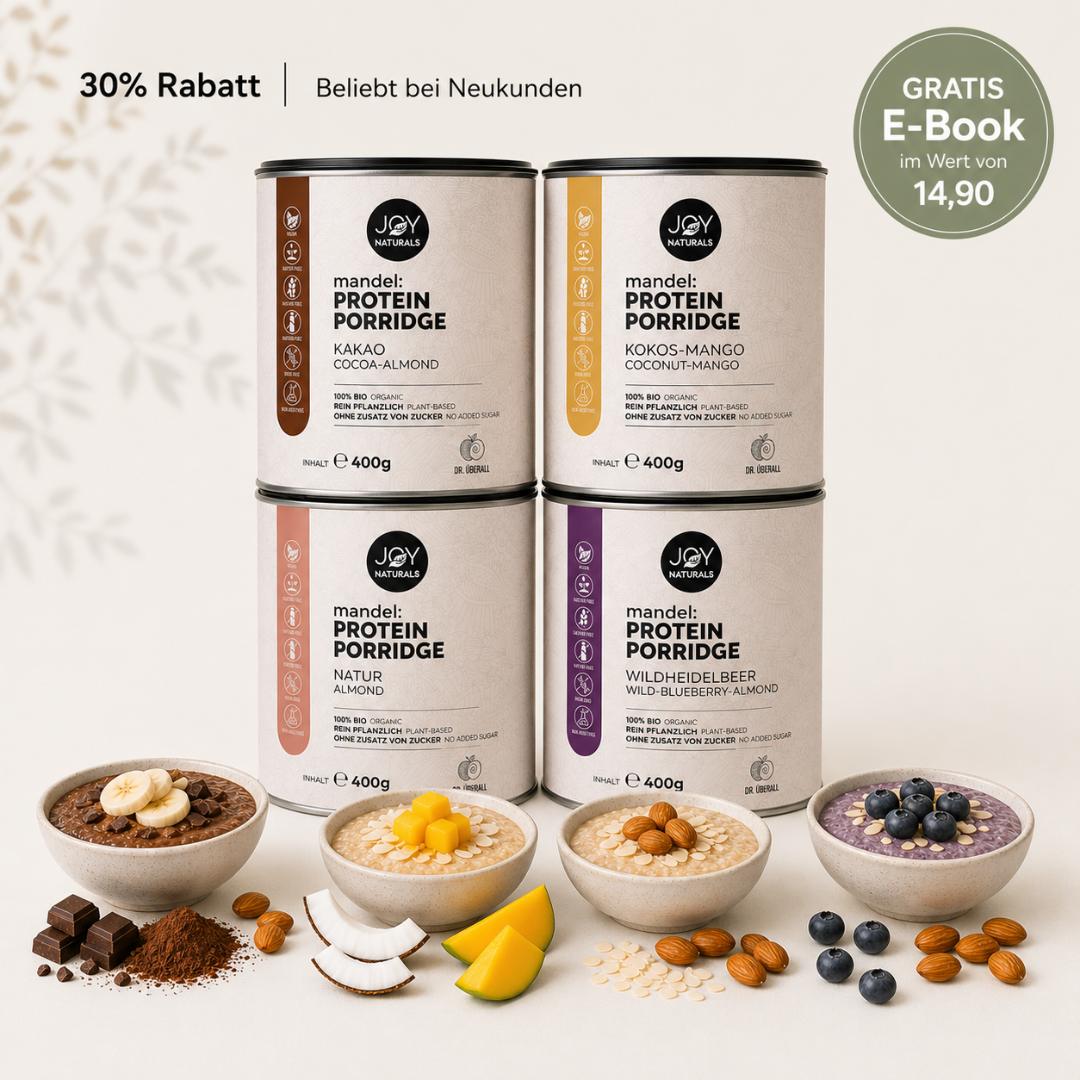 Mandel Protein Porridge alle Sorten – Kakao, Natur, Kokos Mango und Wildheidelbeer im Überblick