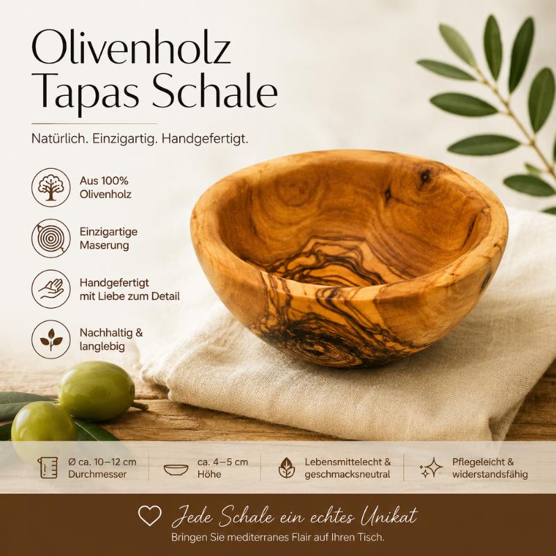 Handgefertigte Tapas Schale aus 100 % Olivenholz. Ideal für Oliven, Antipasti, Dips und Snacks. Jede Schale ist ein einzigartiges Unikat mit natürlicher Maserung