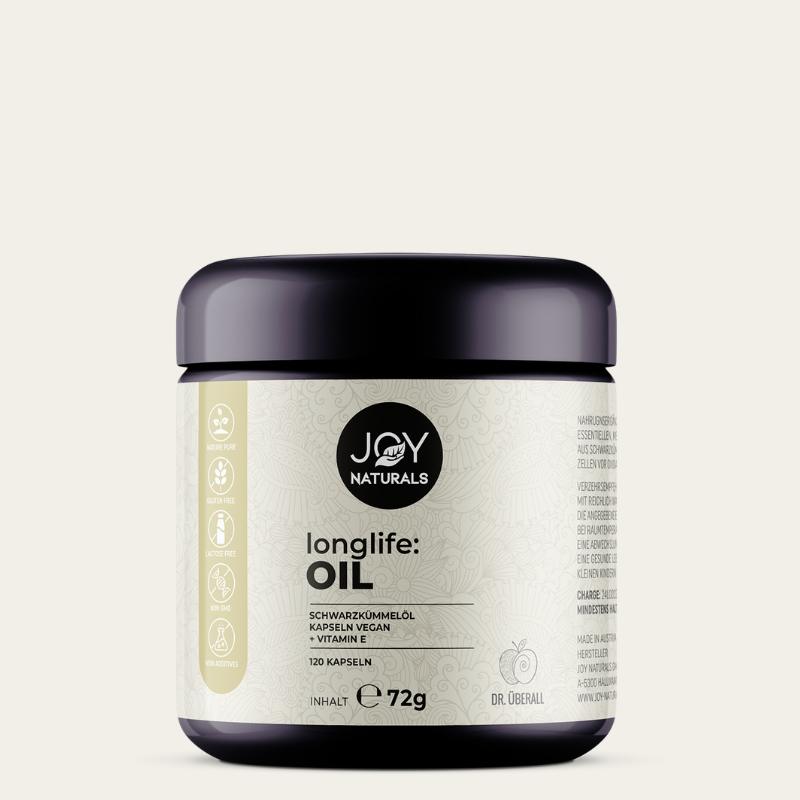 Schwarzkümmelöl-Kapseln mit einer Vielzahl von Vitaminen, Mineralstoffen, Aminosäuren, ätherischen Ölen und ungesättigten Fettsäuren.