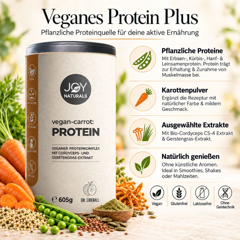 JOY NATURALS Vegan Carrot Protein mit pflanzlichem Eiweiß, Karottenpulver, Cordyceps und Gerstengras