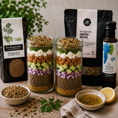 Berglinsen-Schichtsalat mit knusprigen Kichererbsen