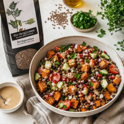 Knuspriger Berglinsen-Süßkartoffel-Salat mit Bio Apfel-Balsamessig & Tahini-Dressing