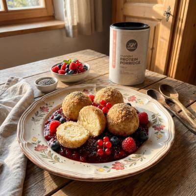 Himmlische High Protein-Topfenknödel mit Beeren & Knusperbröseln
