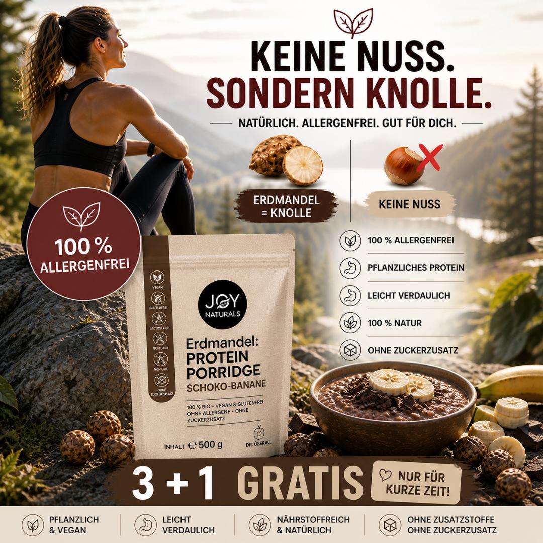 Frau genießt Protein Porridge in den Bergen – gesundes Frühstück to go