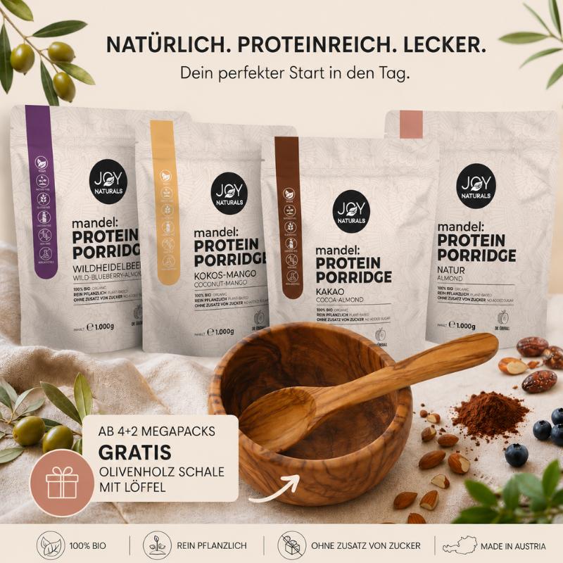 Bio Protein Porridge Megapack Set mit Wildheidelbeere, Kakao, Kokos-Mango und Natur sowie kostenloser Olivenholzschale