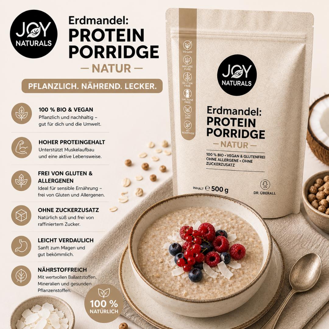 Erdmandel Porridge Natur cremig angerührt mit Nüssen und Toppings