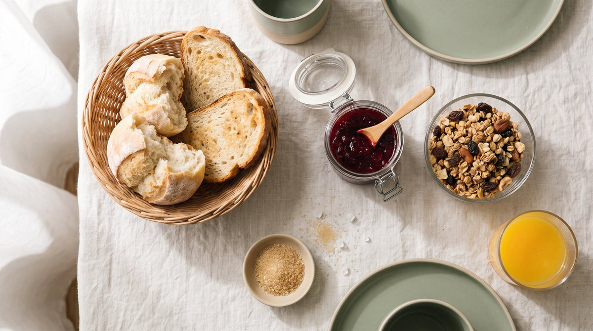 Frühstückstisch mit Brötchen, Toast, Marmelade und Fruchtmüsli